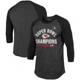 Men's Kansas City Chiefs Black Super Bowl LVIII Champions Raglan Tri-Blend T-Shirt