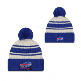 Men's Buffalo Bills Cream Royal 2022 Sideline Sport Cuffed Pom Knit Hat