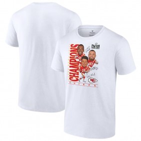 Men's Kansas City Chiefs Chris Jones, Travis Kelce & Patrick Mahomes White Super Bowl LVIII Champions Caricature T-Shirt