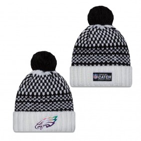 Women's Philadelphia Eagles Black White 2023 NFL Crucial Catch Cuffed Pom Knit Hat