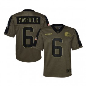 Youth Cleveland Browns Baker Mayfield Olive 2021 Salute To Service Game Jersey