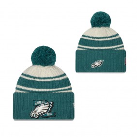 Youth Philadelphia Eagles Cream Green 2022 Sideline Sport Cuffed Pom Knit Hat