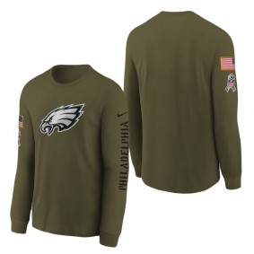 Youth Philadelphia Eagles Olive 2022 Salute To Service Team Logo Long Sleeve T-Shirt